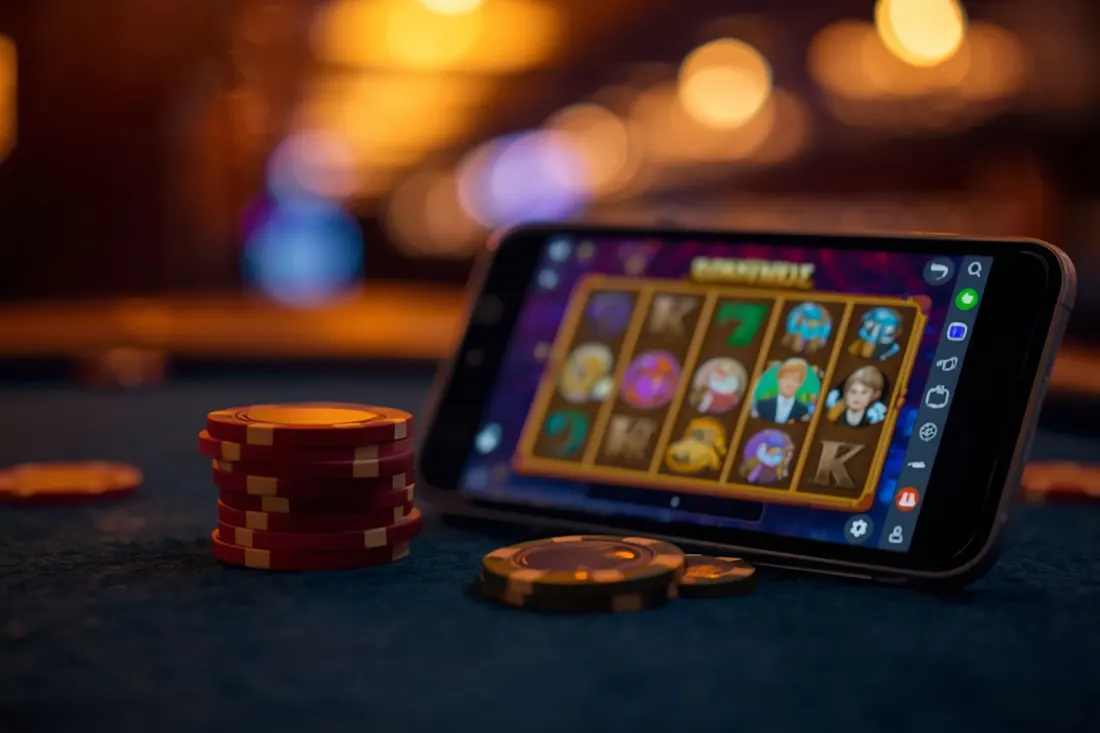 Casino chips stacked next to a phone with a slot game