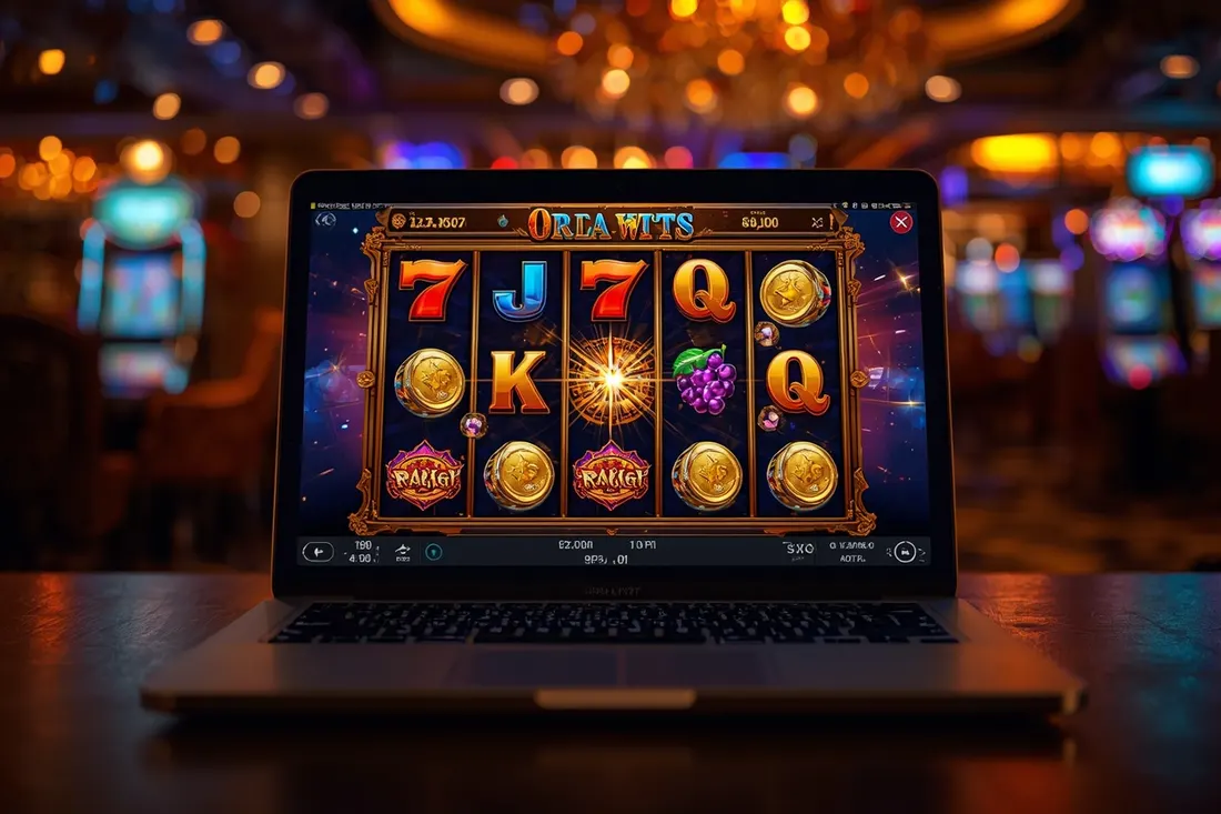 Laptop showing an online slot game mid-spin Laptop showing an online slot game mid-spin