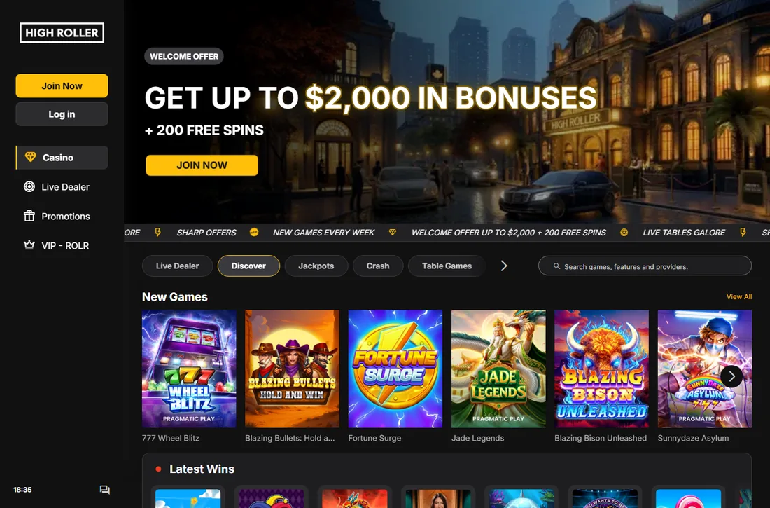 HighRoller Casino home page with the welcome offer banner, the Casino, Live Dealer, Promotions and VIP menu, game category buttons and the New Games row
