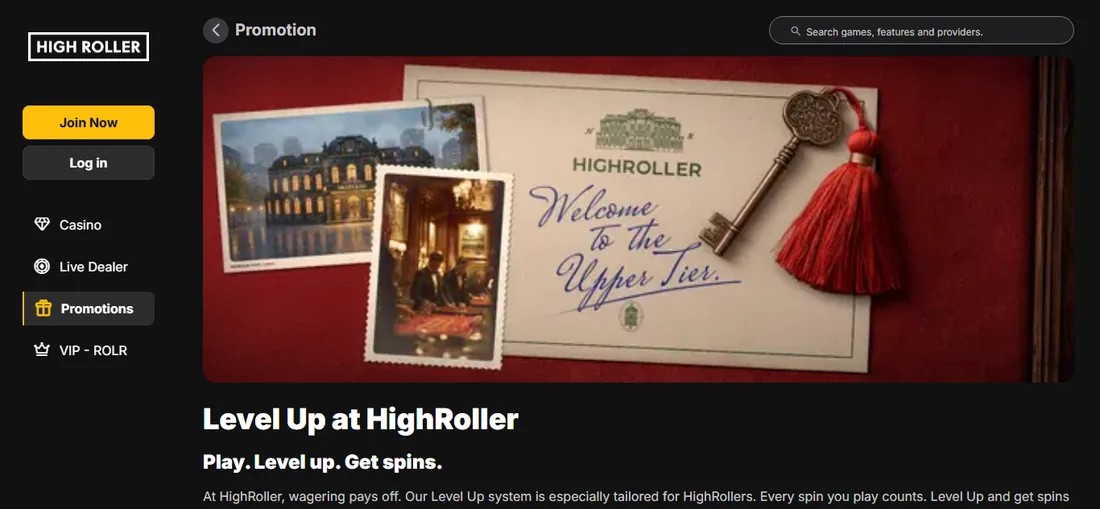 HighRoller Casino Level Up promotion page with a Welcome to the Upper Tier card and a brass key HighRoller Casino Level Up promotion page with a Welcome to the Upper Tier card and a brass key