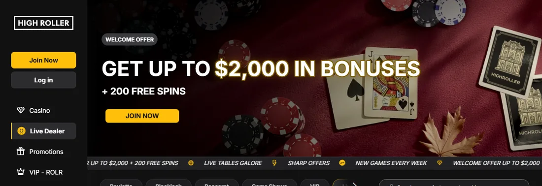 HighRoller Casino live dealer lobby with the Roulette, Blackjack, Baccarat and Game Shows buttons and a banner with playing cards and chips