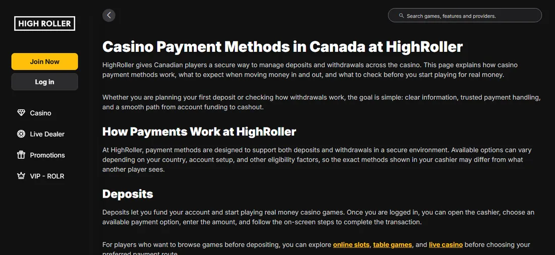 HighRoller Casino payment methods page for Canada with the sections How Payments Work and Deposits