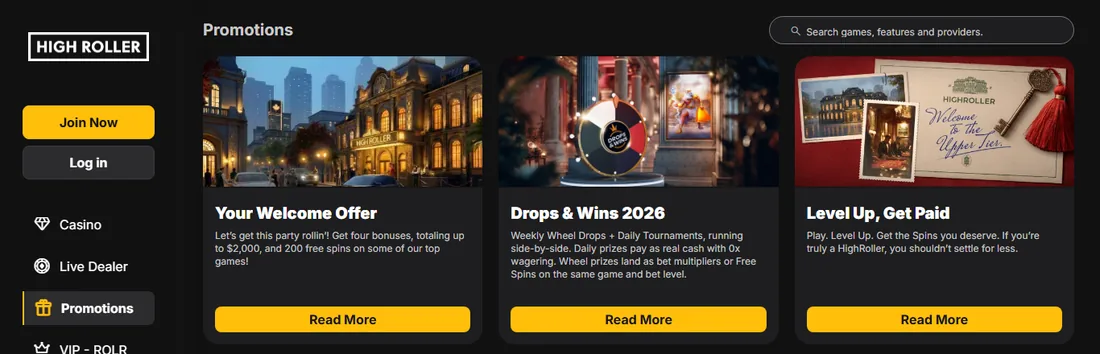 HighRoller Casino promotions page with three cards: Your Welcome Offer, Drops and Wins 2026 and Level Up Get Paid