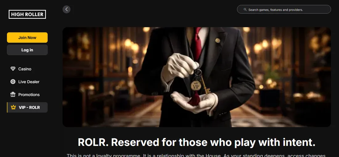 HighRoller Casino VIP page called ROLR with a butler in white gloves holding a key tagged VIP