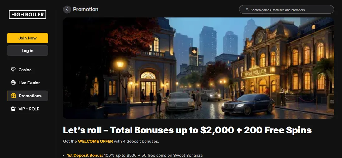 HighRoller Casino welcome offer page with a night street scene and the headline Total Bonuses up to $2,000 + 200 Free Spins