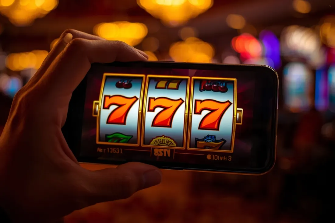 Hand holding a phone with slot reels on the screen
