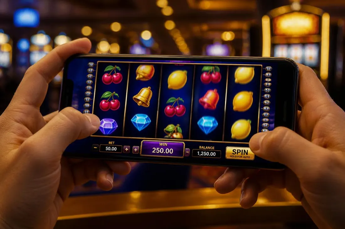 Hands holding a phone with an online slot game