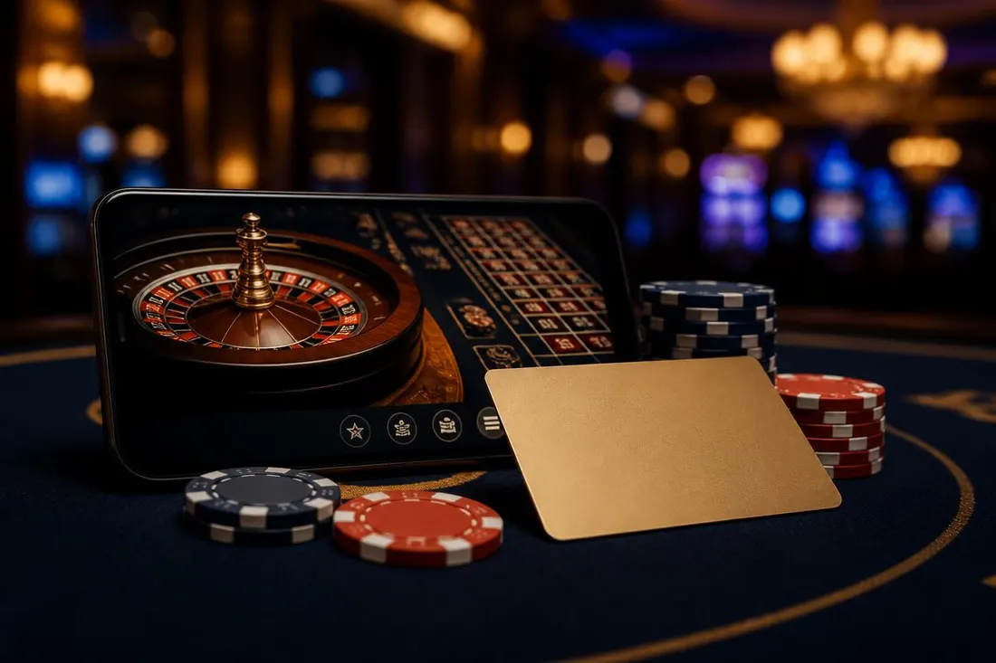 Phone with a casino game, bank card and chips Phone with a casino game, bank card and chips