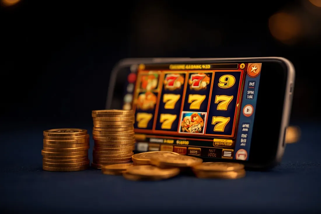 Gold coins stacked next to a phone with slot reels